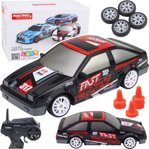 Mașină RC de drift 1:24 cu roți interschimbabile, neagră