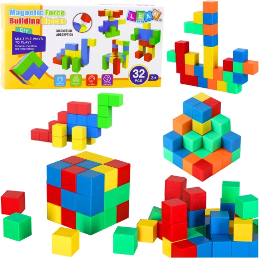Set de construcție magnetică cu cuburi pentru copii, 32 de piese