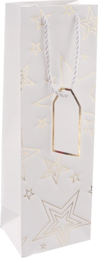 Pungă cadou din hârtie pentru vin, albă, cu motiv de stea, 12 × 9 × 36 cm