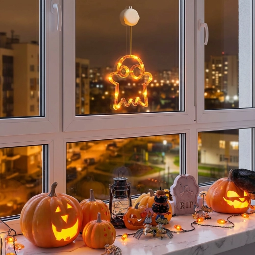 Decorațiune luminoasă de Halloween în formă de fantomă, cu ventuză și 12 LED-uri