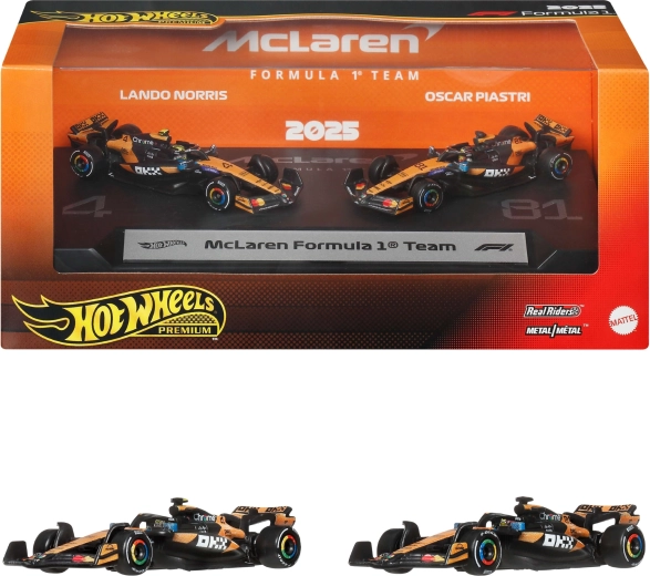 Hot Wheels Premium McLaren Formula 1 2025 – modele metalice Lando Norris și Oscar Piastri - 2 buc.