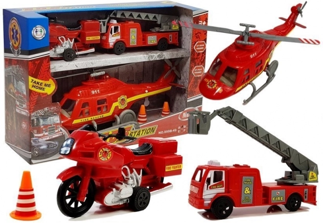 Set de vehicule de pompieri cu elicopter, autospecială și motocicletă cu lumini și sunete