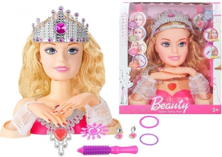 Cap păpușă pentru stilizare cu coroană și accesorii
