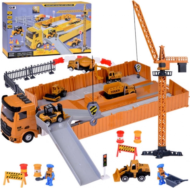 set de construcție interactiv: cap tractor cu semiremorcă pliabilă, macara și stivuitor