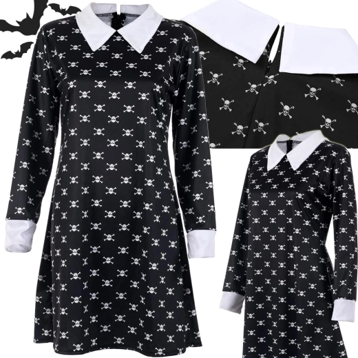 Costum pentru copii Wednesday Addams – rochie neagră cu cranii și guler alb (115–125 cm)