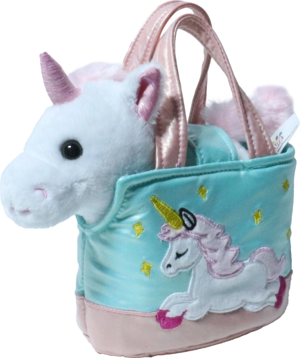 Unicorn alb de pluș în poșetă, 15 cm