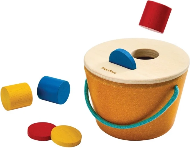 PlanToys găleată de sortare – cilindri și monede