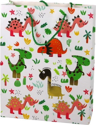 Pungă cadou din hârtie cu dinozauri și palmieri colorati 32 × 26 × 10 cm