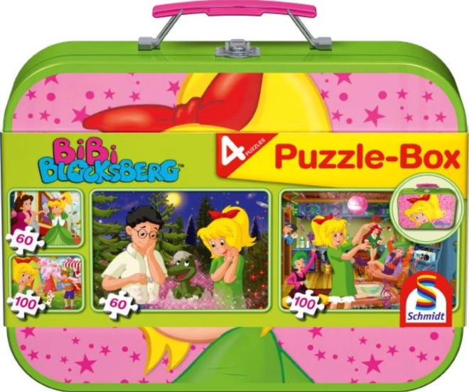 Puzzle Micuța vrăjitoare Bibi 4‑în‑1 în valiză metalică (60, 60, 100, 100 piese) SCHMIDT