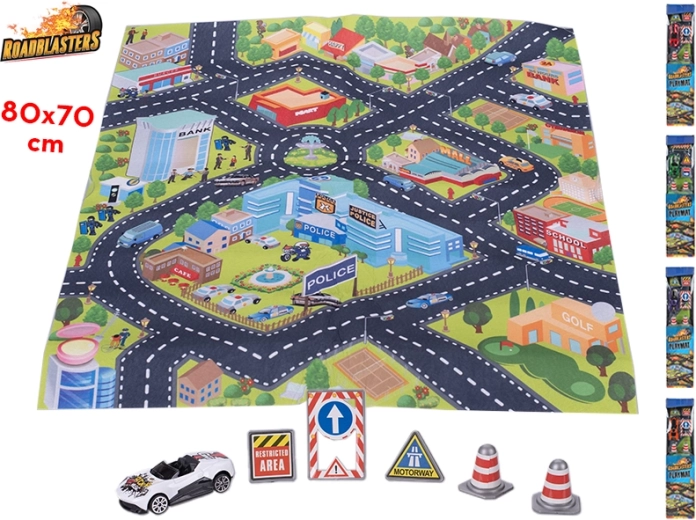 Covoraș rutier Roadblasters 80 × 70 cm cu mașinuță și indicatoare
