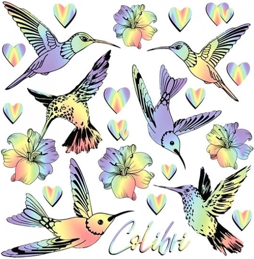 Imagini termotransfer cu colibri în culorile curcubeului – coală mică 15 × 21 cm