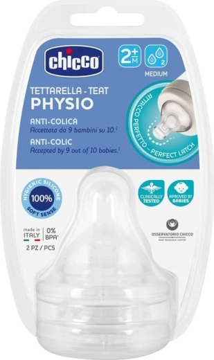 Tetina Chicco pentru biberon, silicon, debit mediu 2m+, 2 buc.