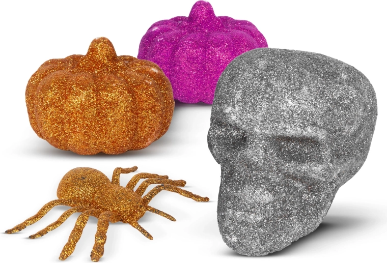 Set decorativ de Halloween cu sclipici, cu păianjen, craniu și dovleci