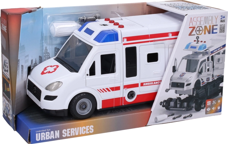 Ambulanță de asamblat cu șuruburi, cu efecte luminoase și sonore, 31 cm