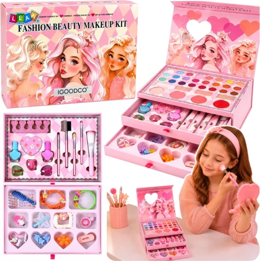 Trusă cosmetică roz pentru copii – set de machiaj cu oglindă și sertare