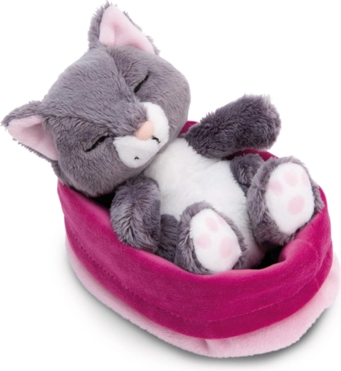 NICI sleeping pets pisică de pluș gri în coșuleț roz 12 cm