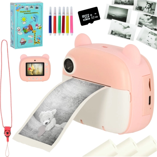 Aparat foto instant pentru copii cu imprimantă termică – ursuleț roz, card de 32 GB