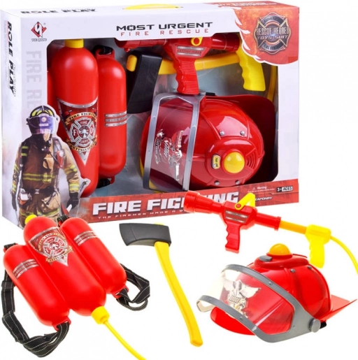 Set de pompier pentru copii cu cască cu lumină și sunet, rucsac cu apă și accesorii
