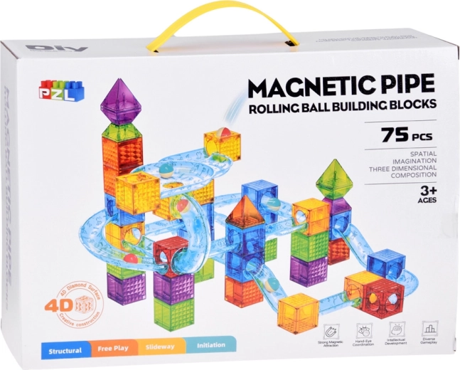 Set de construcție magnetic cu pistă pentru bile, 75 de piese