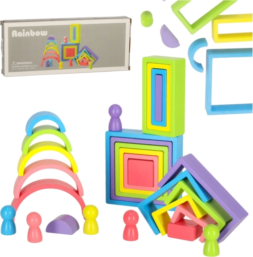 Cubi educative din lemn în culorile curcubeului – joc de construcție și puzzle pentru copii