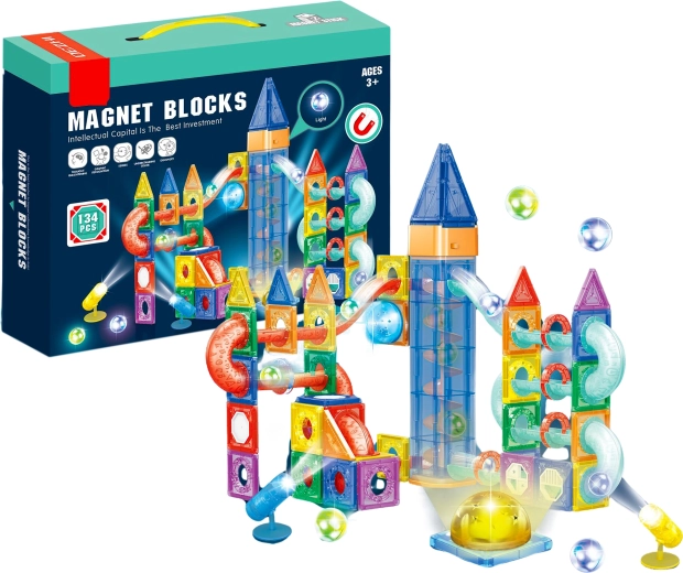 Set de construcție magnetic cu lumini LED și bilă, 134 de piese