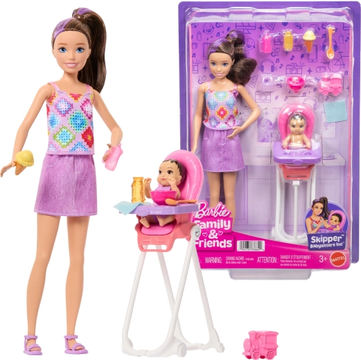 Păpușa Barbie Skipper bonă cu bebeluș și scaun de masă