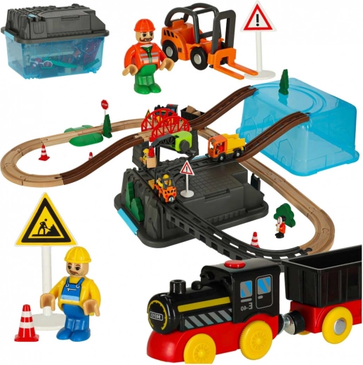Circuit feroviar de construcție din lemn, 55 piese, cu locomotivă și accesorii
