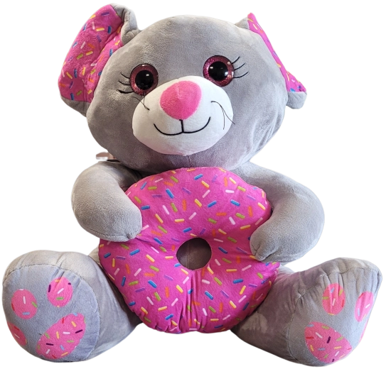 Șoricel de pluș gri cu donut, 45 cm