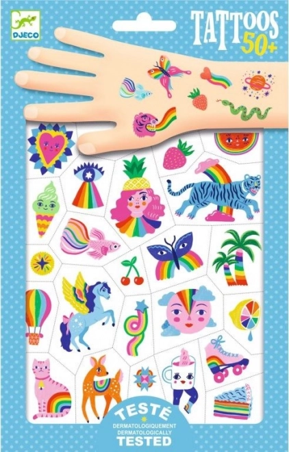 DJECO tatuaje temporare cu curcubeu pentru copii, 2 foi (50+ modele)