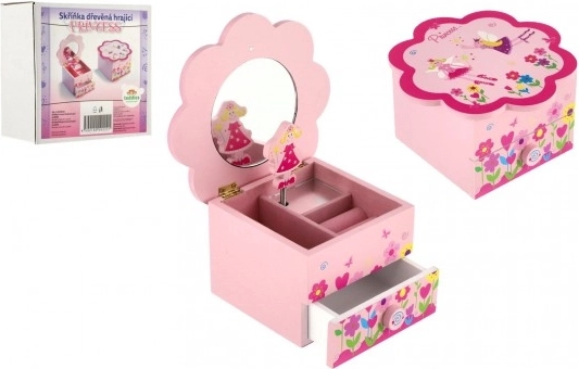 Cutie muzicală de bijuterii pentru copii cu floare și oglindă – din lemn, muzicală, roz