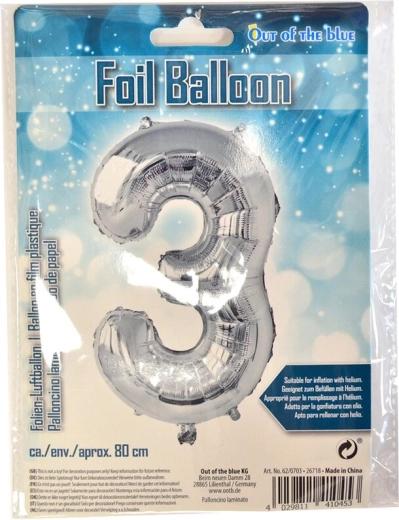 Balon din folie argintiu cifră 3, 80 cm