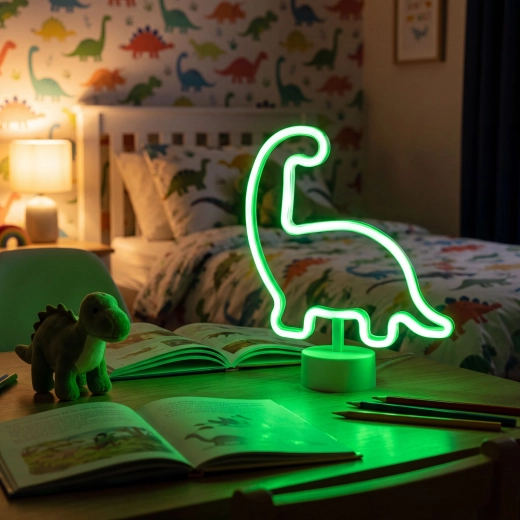 Lampă LED neon verde în formă de dinozaur