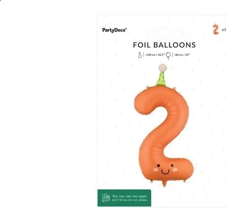 PartyDeco balon din folie cifra 2, portocaliu, cu față, 86 cm