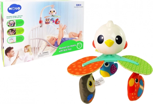 Carusel muzical pentru pătuț și cărucior cu păsărele colorate