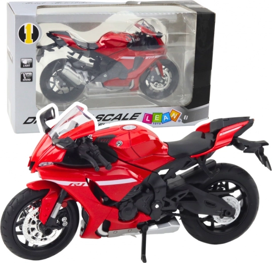 Motocicletă sport din metal roșie cu iluminare și sunete R1 1:12