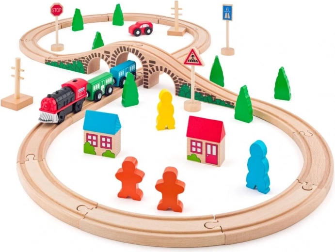 Circuit de tren din lemn cu locomotivă pe baterii 3+