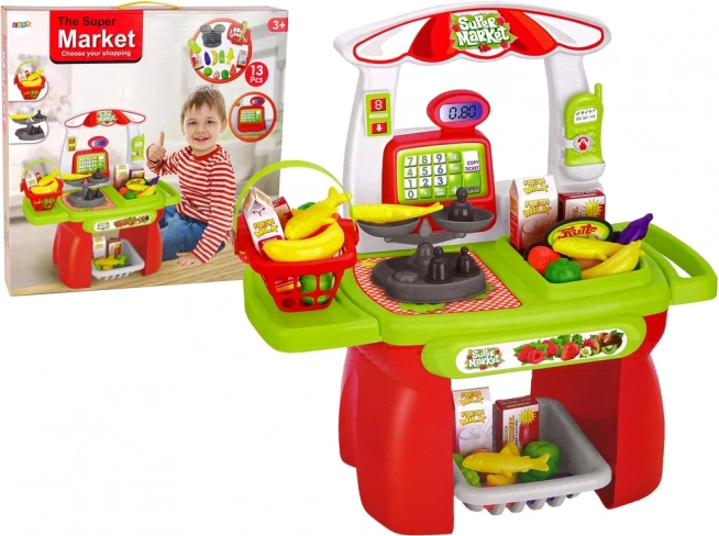 Supermarket pentru copii – coș de cumpărături, casă de marcat, cântar și alimente (set din 13 piese)