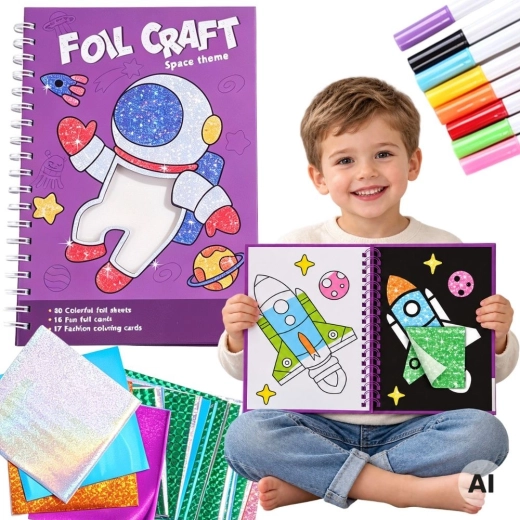 Set creativ Woopie cu folii și planșe de colorat cu tema spațiului, 121 de piese