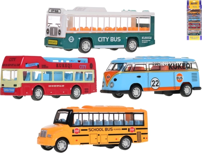Set de autobuze metalice cu mecanism de întoarcere 10 cm – 4 bucăți