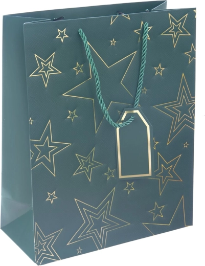 Pungă cadou din hârtie cu motiv de stea, verde, 26 × 12 × 32 cm