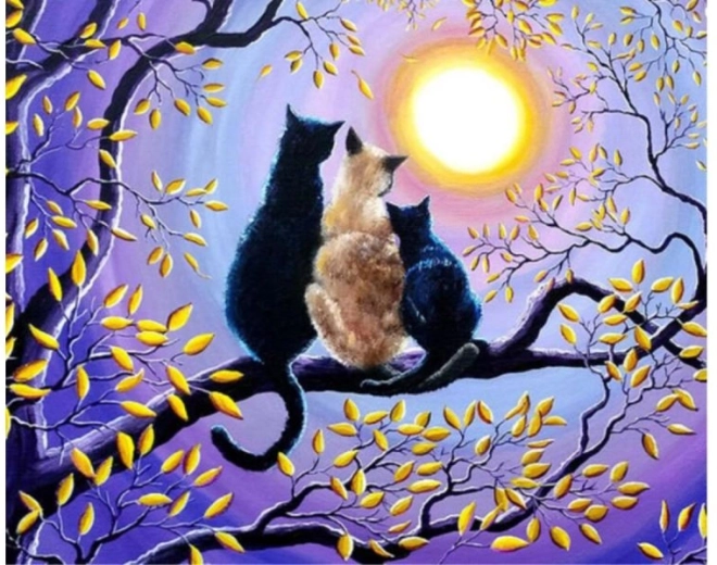 Mozaic cu diamante (diamond painting) familie de pisici pe copac 40 × 30 cm