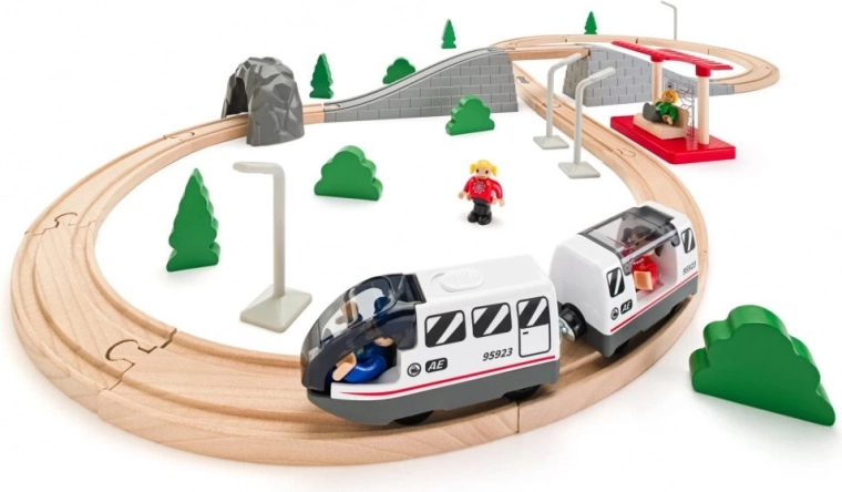 Circuit de tren din lemn cu pod – 45 de piese