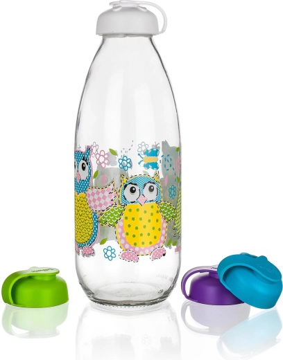 Sticlă pentru lapte 1 l cu capac – motiv Bufnițe, sticlă