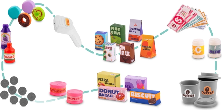 Set bogat de accesorii pentru jocul de-a magazinul