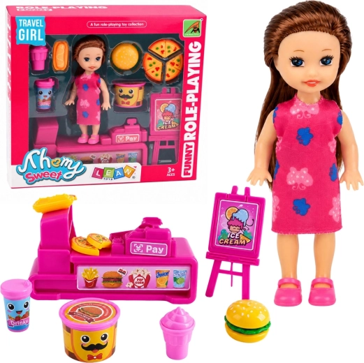 Mini păpușă cu casă de marcat și stand de fast-food