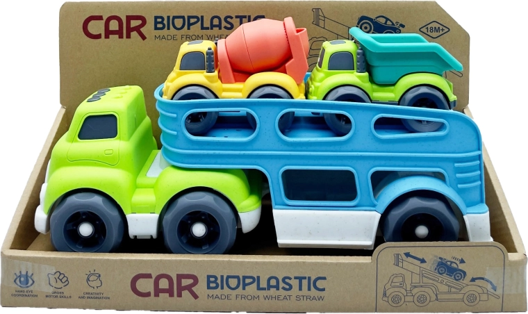 Camion transportor din bioplastic cu 2 mașinuțe (betonieră și basculantă) 37 cm