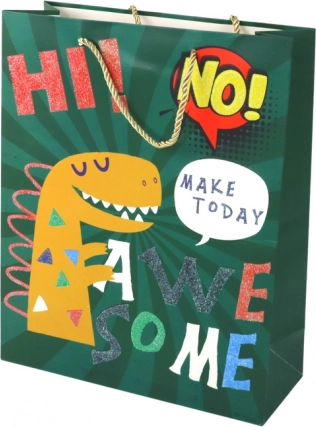 Pungă cadou din hârtie verde cu dinozaur 41,5 × 30 × 12 cm