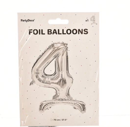 Balon din folie cu stativ, cifra 4, argintiu, 70 cm