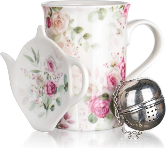 Set pentru ceai cu trandafiri 340 ml – cană ceramică, sită din inox și tăviță