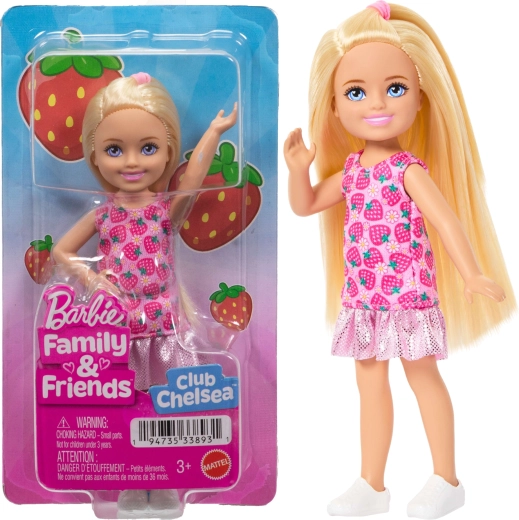 Barbie Club Chelsea blondină în rochie cu căpșuni 14 cm